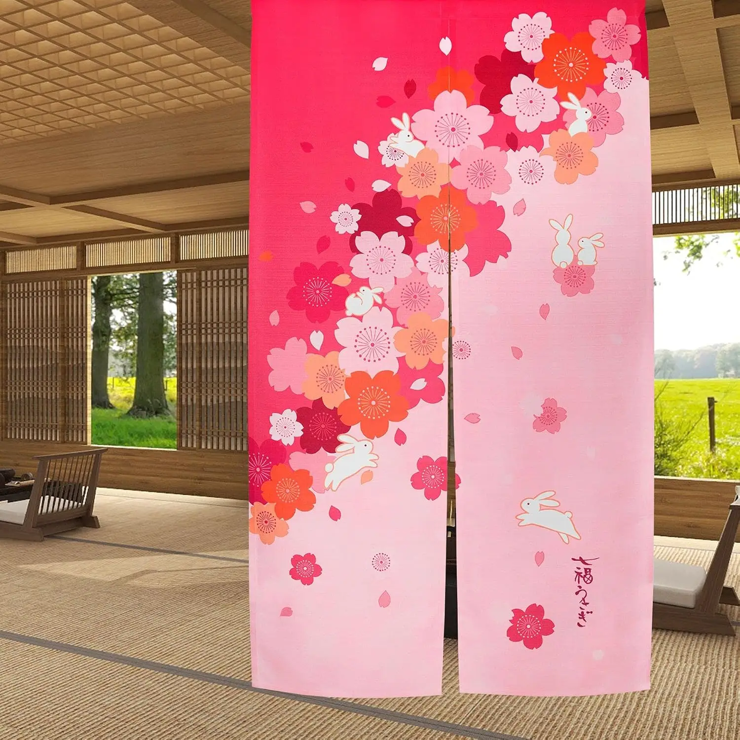Cortina de puerta larga de estilo japonés, cortinas de puerta de conejos corriendo, tapiz de ventana para decoración del hogar, 33,5 "x 59" rosa