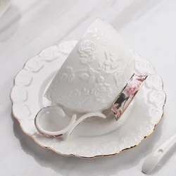 Embossed Flower Coffee Cups and Saucers with Golden Ceramic Cups with Cups Holding Milk Coffee Mugs Latte Flower Mugs 200ML