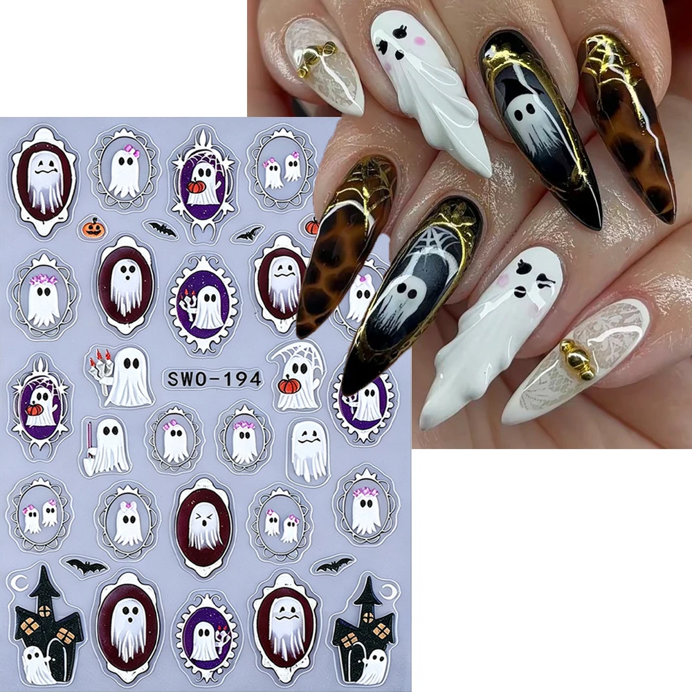 5D Halloween Ghosts Nail Stickers Vintage Frame Ghost Pumpkins Haunted House Little Devils Decals For Holiday Party Nail Decor