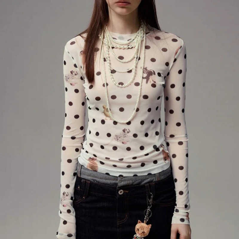 

New Autumn Women's Versatile Animal Polka Dot Print Waist-closing Long-sleeved Short Top