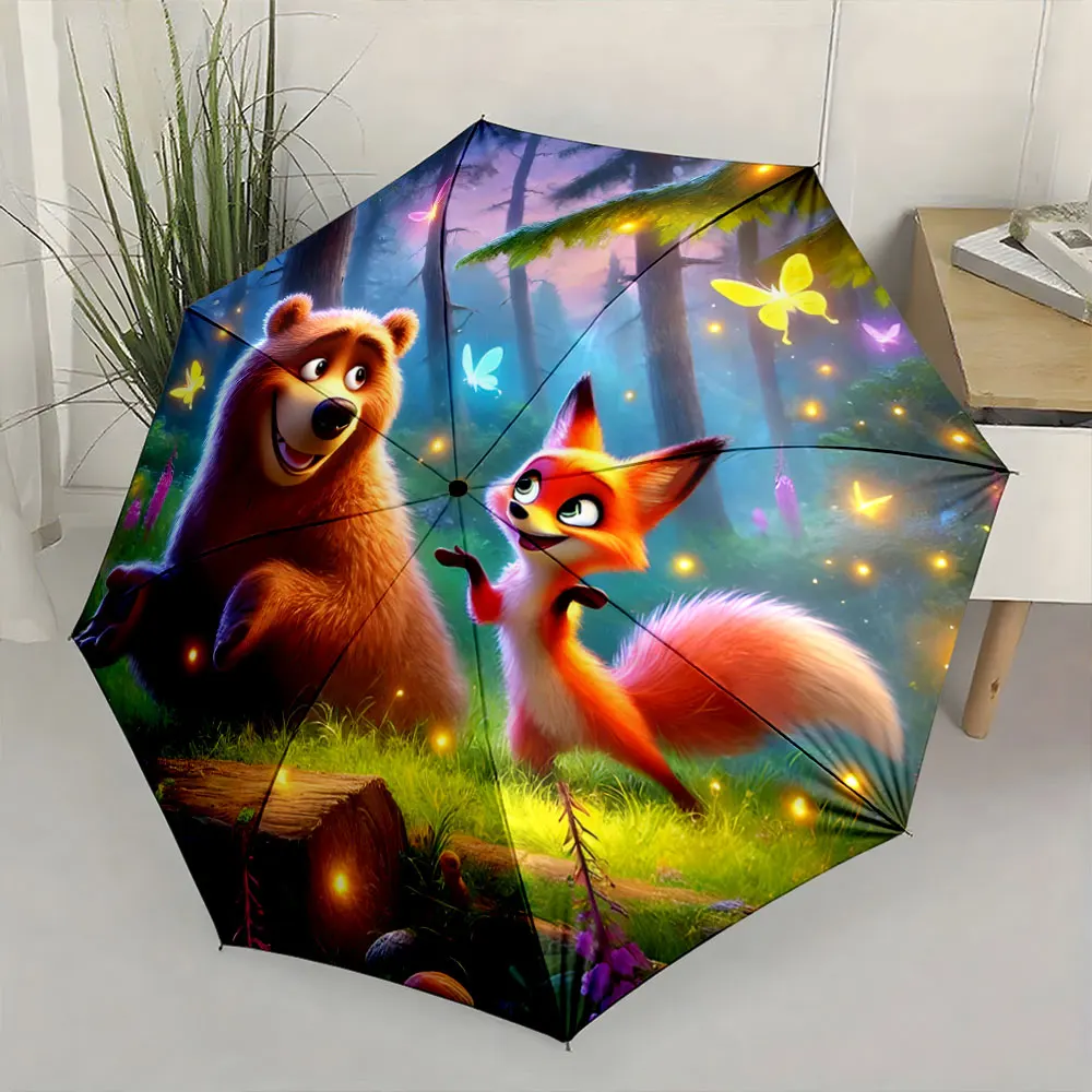 1PC Whimsical Forest Animals on an Artistic Umbrella Print 8 Iron Ribs Folding Umbrella Auto-Open Fashion Sunshade