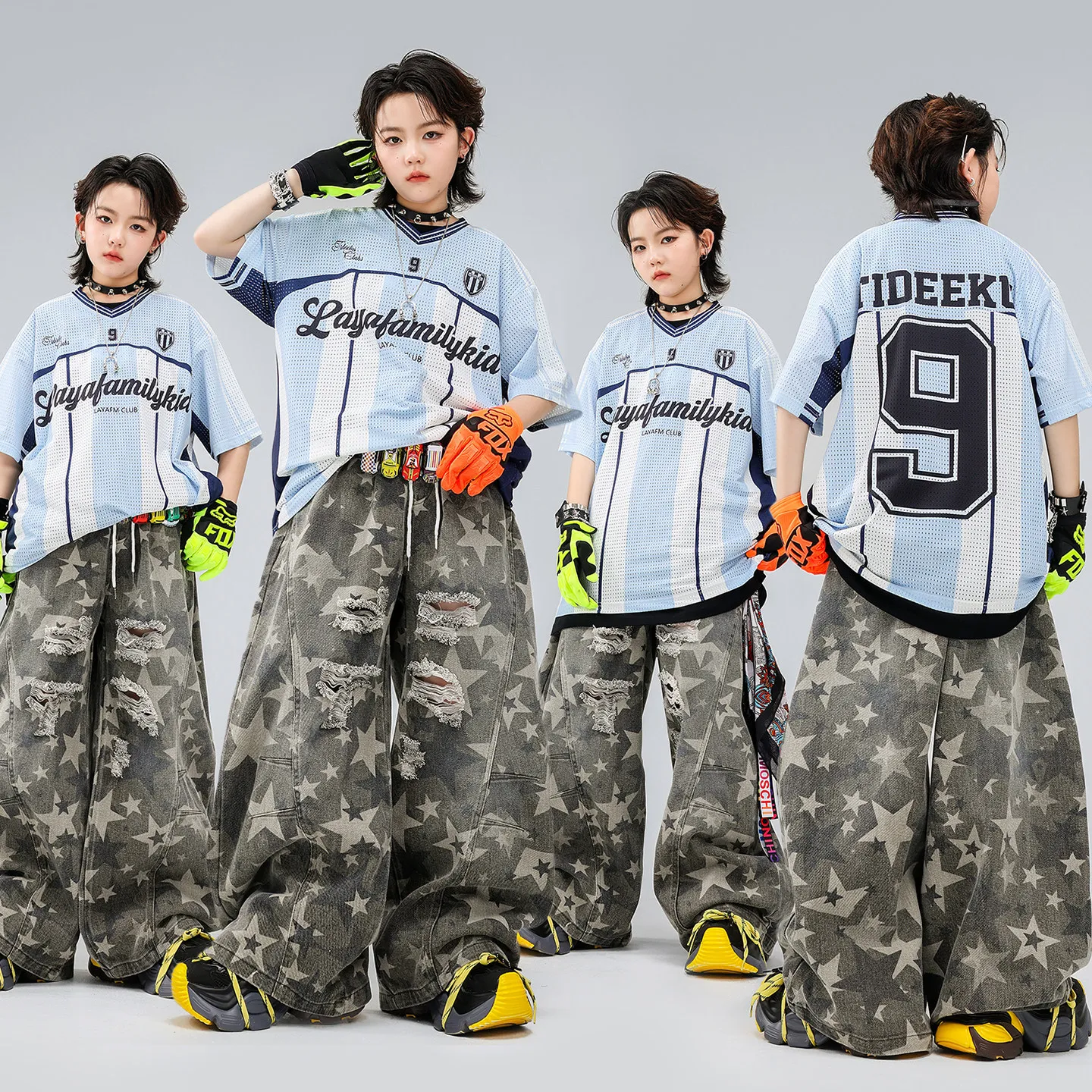 

Kid Kpop Hip Hop Clothing Blue White Stripe Mesh Jersey T Shirt Camo Star Ripped Curved Pants for Girl Boy Dance Costume Clothes