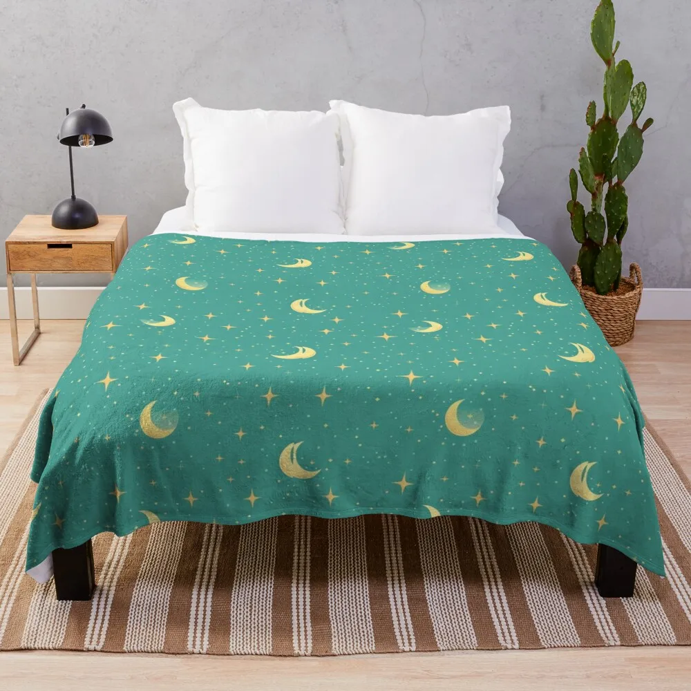 Celestial Dreams in Aqua Night Sky With Stars and Moons Throw Blanket Polar Decorative Throw manga Comforter Blankets