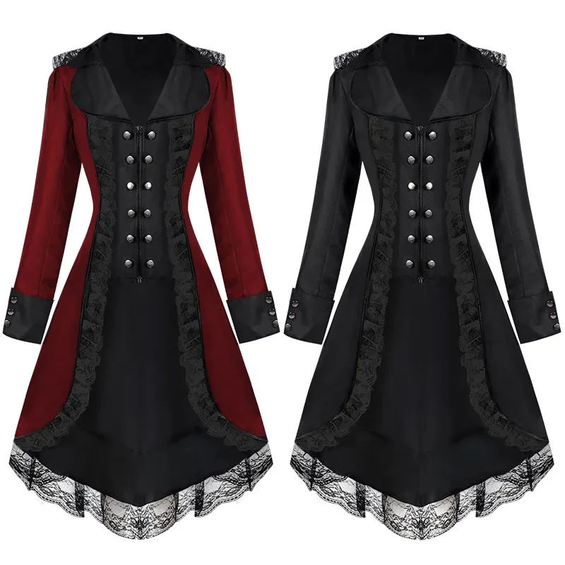 

qq28LQ2025 костюмы для косплея на Хэллоуин, средневековая викторианская женская верхняя одежда, стимпанк, готический фрак на пуговицах, ретро кружево, длинный пират J