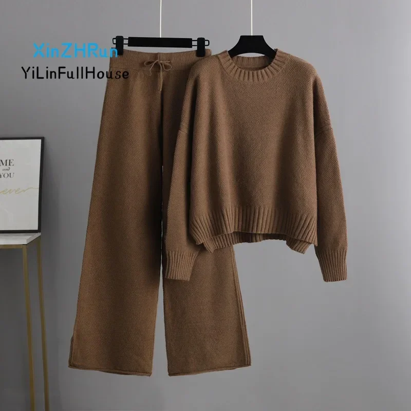 Autumn Winter Fashionable Casual Round Neck Split Long Sleeve Knitted Top Elastic Waist Strap Loose Wide Leg Pants Two Piece Set