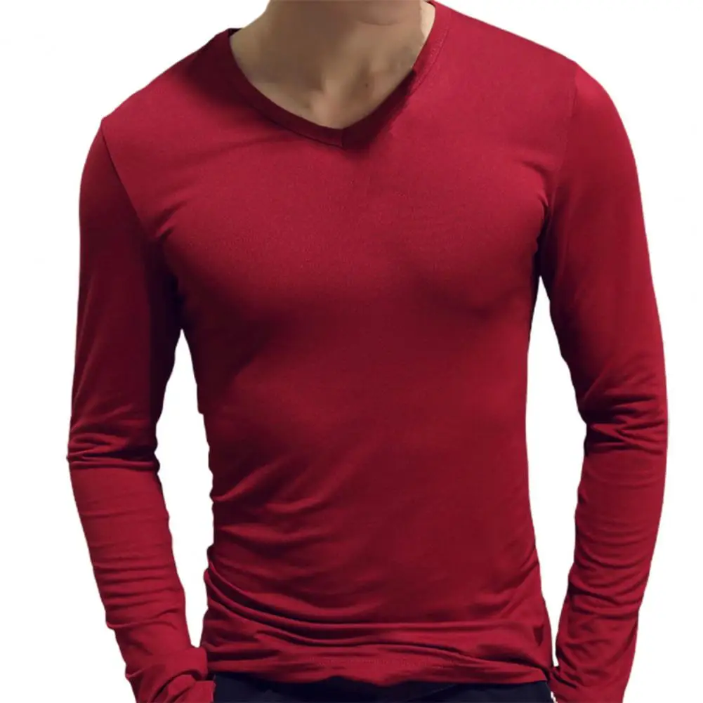 Sports Gym Long Sleeve Slim Fit T-shirt Men\'s Solid Color Casual V-neck Underlay Shirt Round Neck T Shirt Fitness Sport T Shirt