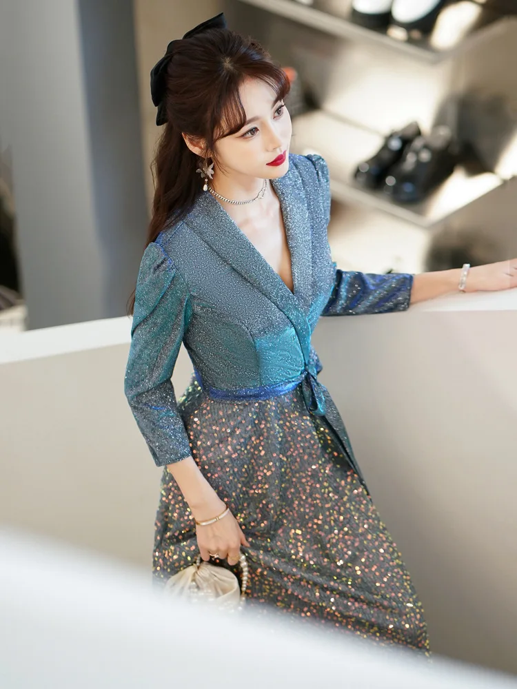 Temperament V-Neck Formal Dress Shiny Elegant 3/4 Sleeve Lace up Slim Banquet Gown 2023 New Long Blue Sequin Party Vestido