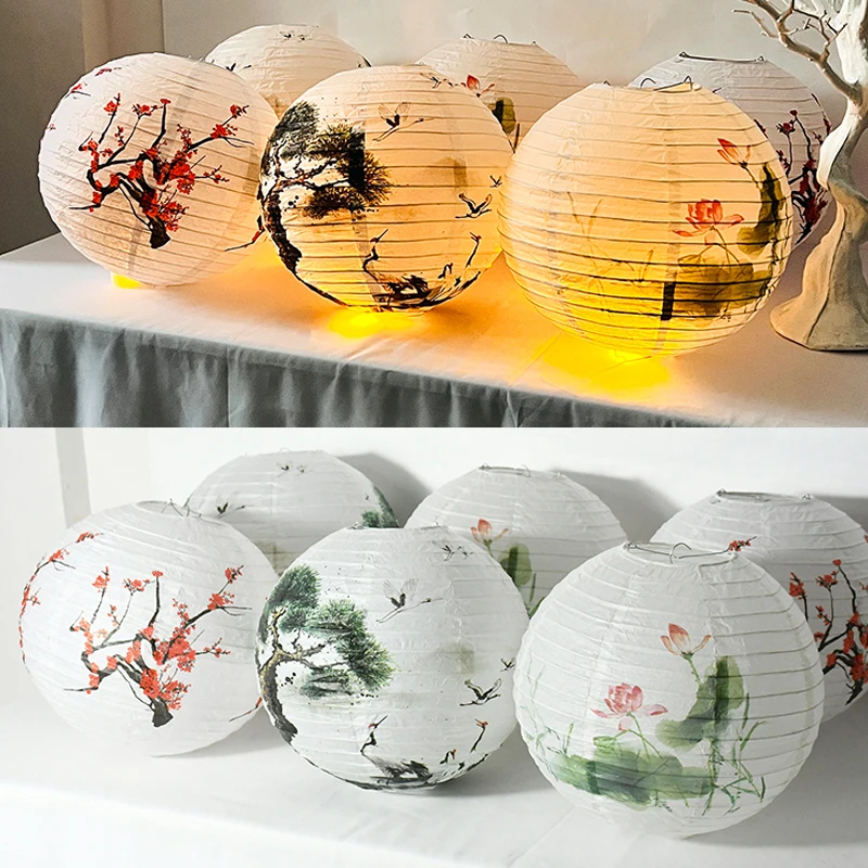 30cm Plum Blossom Pine Round Paper Lantern Chinese Oriental Style Antique Hanging Lanterns  Wedding Party Decoration For Home