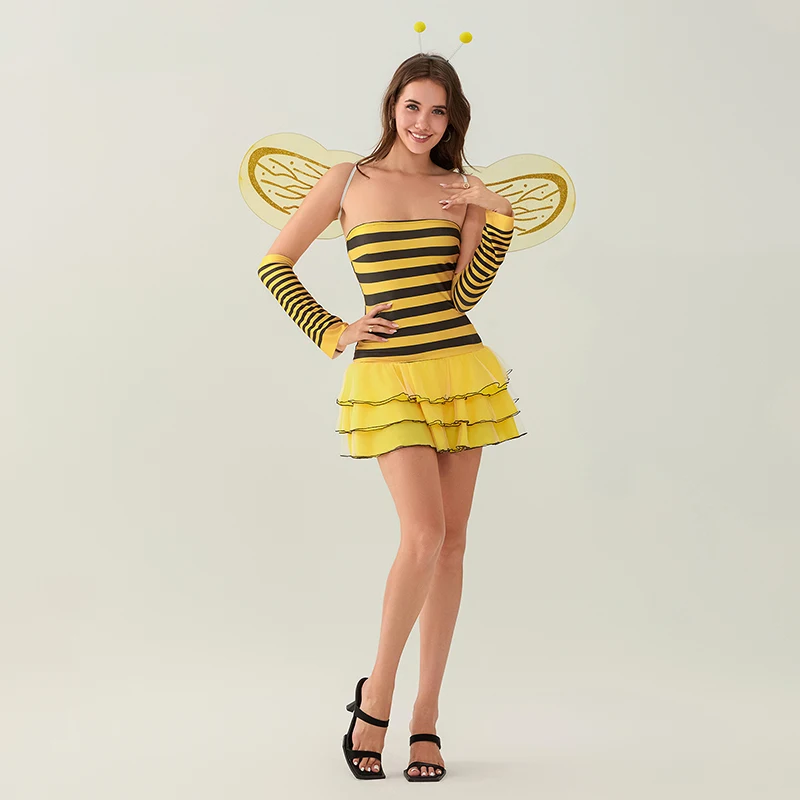 Women Halloween Outfit, Sleeveless Striped/Dots Print Ladybug/Bee Cosplay Dress Hair Hoop Wings