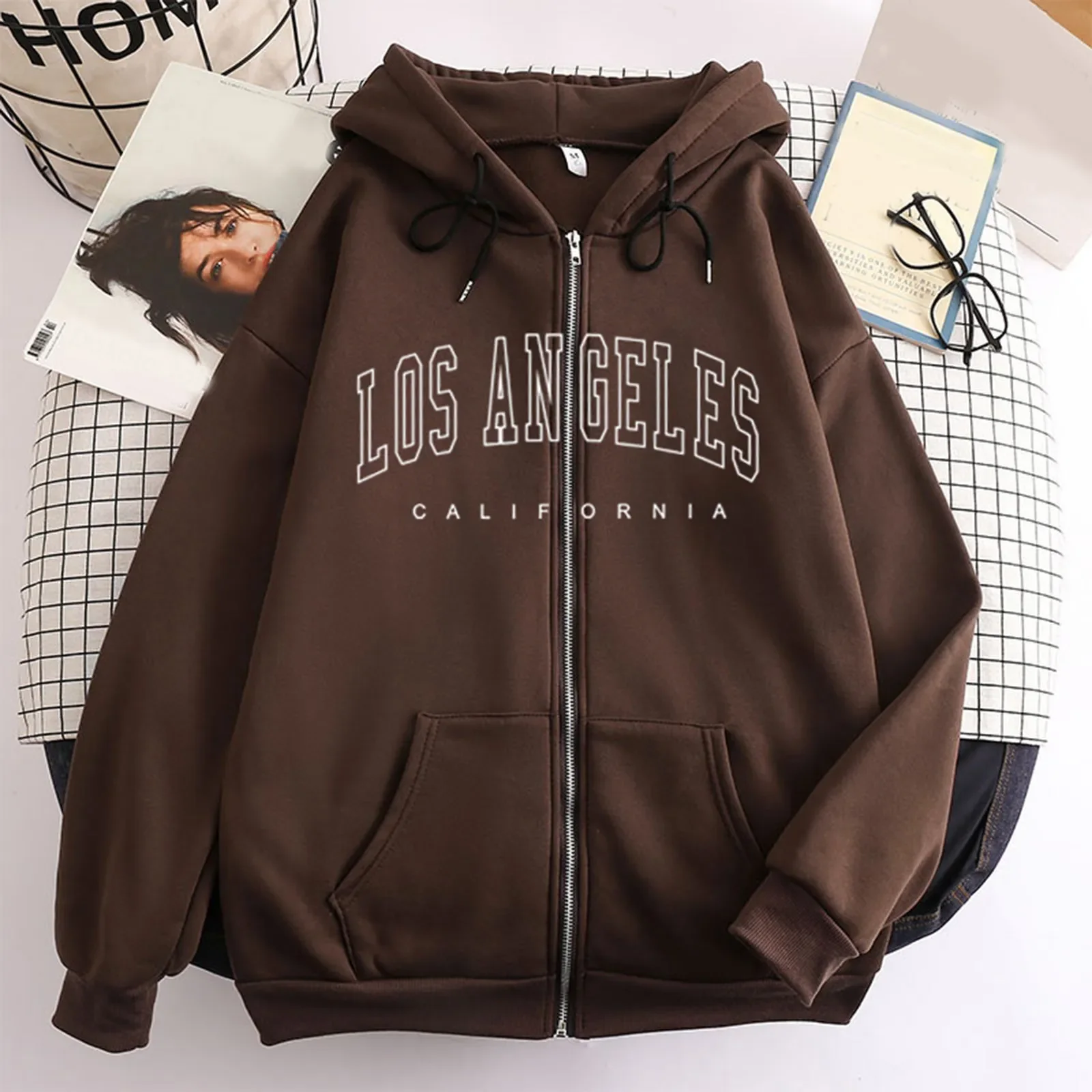 Women\'s Los Angeles Letter Print Zip-up Hoodies, Oversized Jacket, Casual Streetwear, Hooded Coats with Pockets, Harajuku, Femal