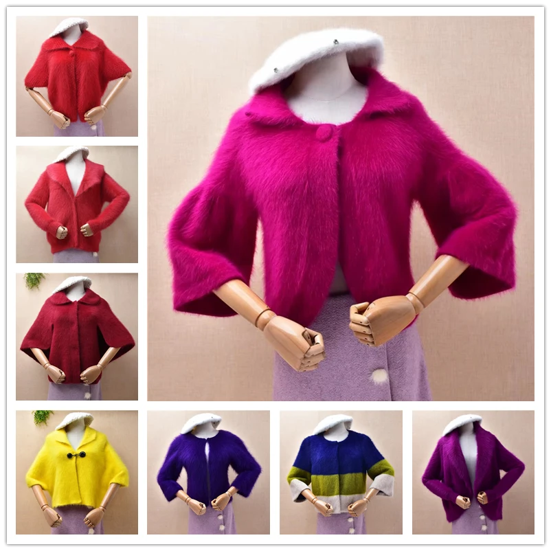 

Ladies Wmen Autumn Winter Clothing Red Hairy Mink Cashmere Knitted TUrn-Down Neck Short Sleeves Loose Cardigans Sweater Mantle