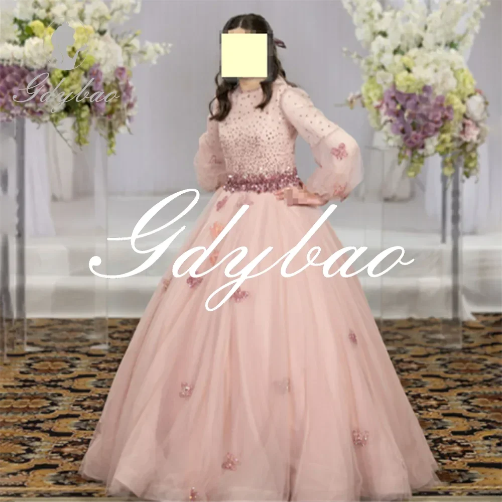 Cristais personalizados manga longa puff luxo uma linha longa bola vestido da menina de flor até o chão trem varredura primeira comunhão vestido