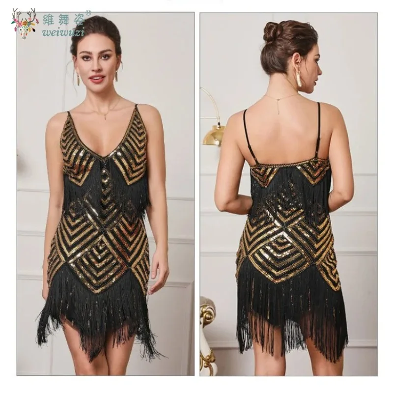 나이트 클럽 레트로 섹시 로우 컷 딥 브이넥 서스펜더 스팽글 술 드레스 열정적이고 제한없는 칵테일 파티 이브닝 ​​가운