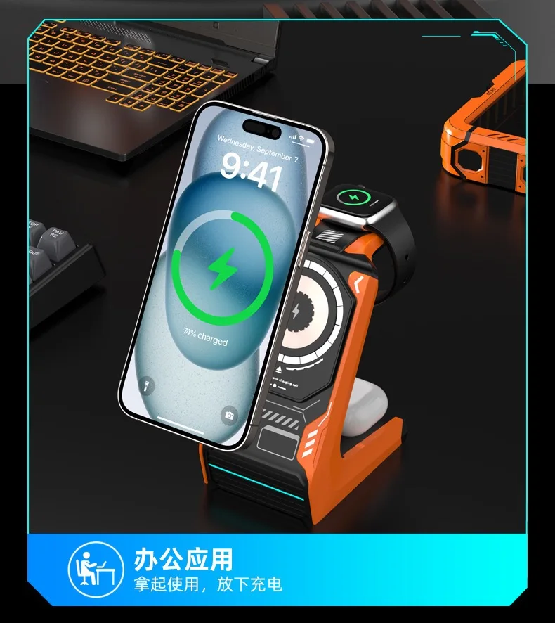 Magsafe pengisi daya ponsel nirkabel 15W, dudukan pengisi daya dengan magnet tiga dalam satu