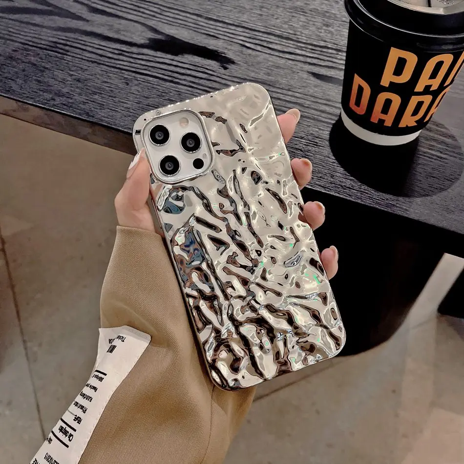 Fashion Matte Tin Foil Pleats Phone Case For iPhone 14 13 Mini 12 Pro Max 11 XR XS Max 7 Plus Luxury Silver Soft Silicone Cover