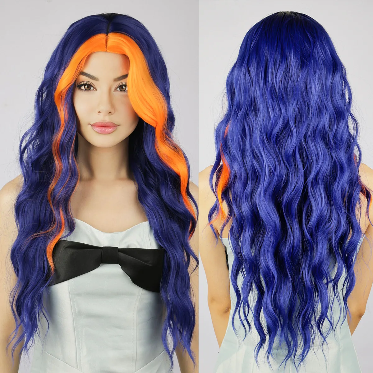 Nuova parrucca con ondulazione dell'acqua blu medio, parrucca femminile con cappuccio lungo e capelli ricci di Halloween