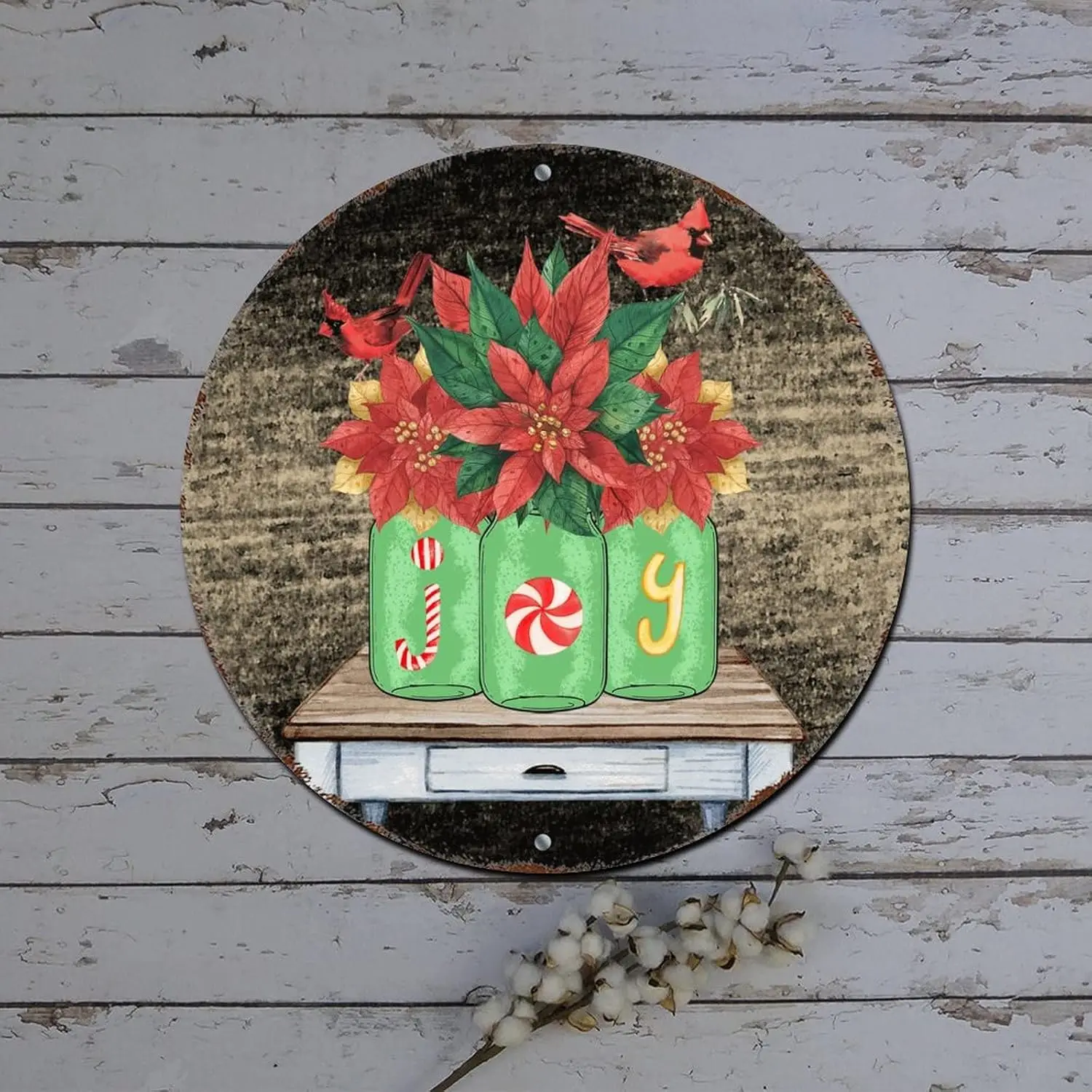 Merry Christmas Door Sign Poinsettia Vase Joy Wood Grain Round Metal Tin Sign Christmas Hanging Decorations Retro Plaque Metal S