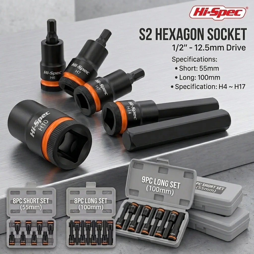 Hi-Spec 1/2 Zoll Metrisches Sechskant-Steckschlüssel-Set (H4-H17) Hochleistungs-Schlagschrauberbits für Auto-Reparatur Werkstatt-Werkzeugset für Wartungsarbeiten