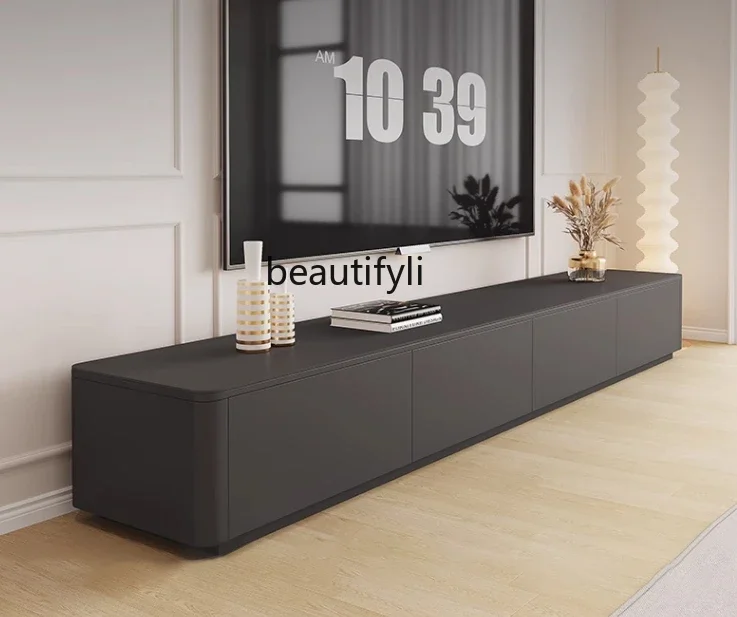 Italian Minimalist Black Stone Plate TV Cabinet and Tea Table Combination Modern Household Floor Solid Wood Light Luxury