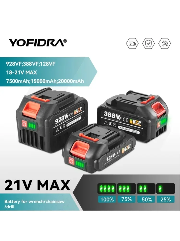 YOFIDRA 18-21V Wiederaufladbare Lithium-Batterie für Bürstenlose Kettensäge Bohrmaschine Elektrischer Schraubenschlüssel für Makita 21V 18V Akku