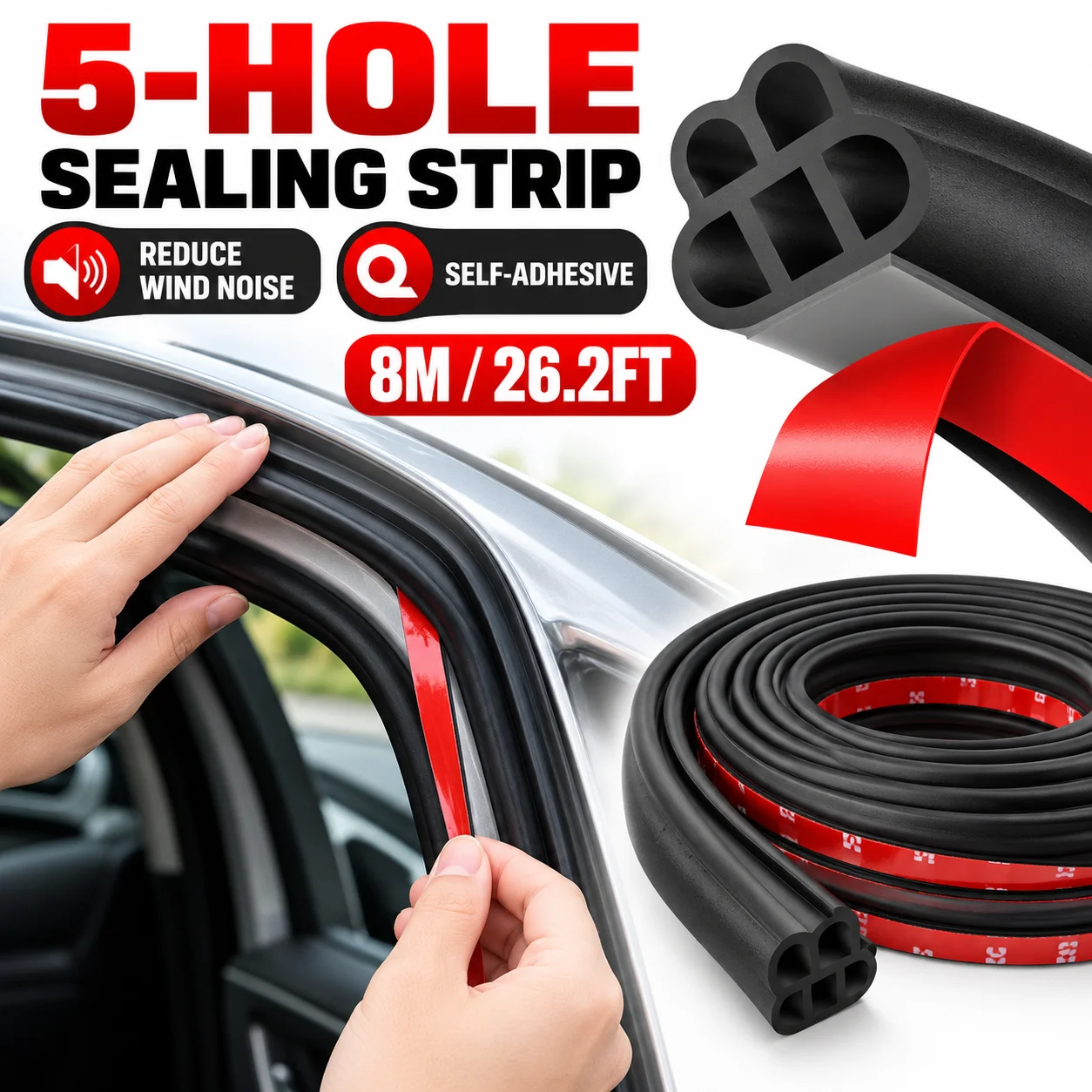 8m Car Door Seal Strip Auto Rubber Sealant 5holes B Type Noise Insulation Anti-Dust Soundproofing Car Sealing Strips Accessories