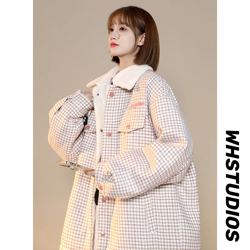 Women\'s Plaid Parka Jacket Overcoat Warm Long Sleeve Down Jackets Vintage Harajuku Korean Padded Jacket Winter 2000s 90s Clothes