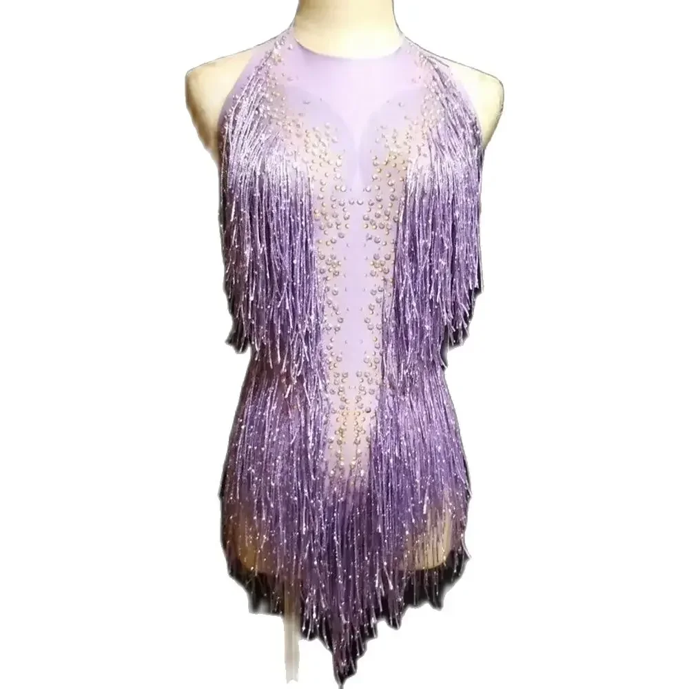 

Sleeveless Purple Women Bodysuits Shining Tassel Diamonds Latin Nightclub Bar DJ Singer Performance Jazz Dance Stage Costume