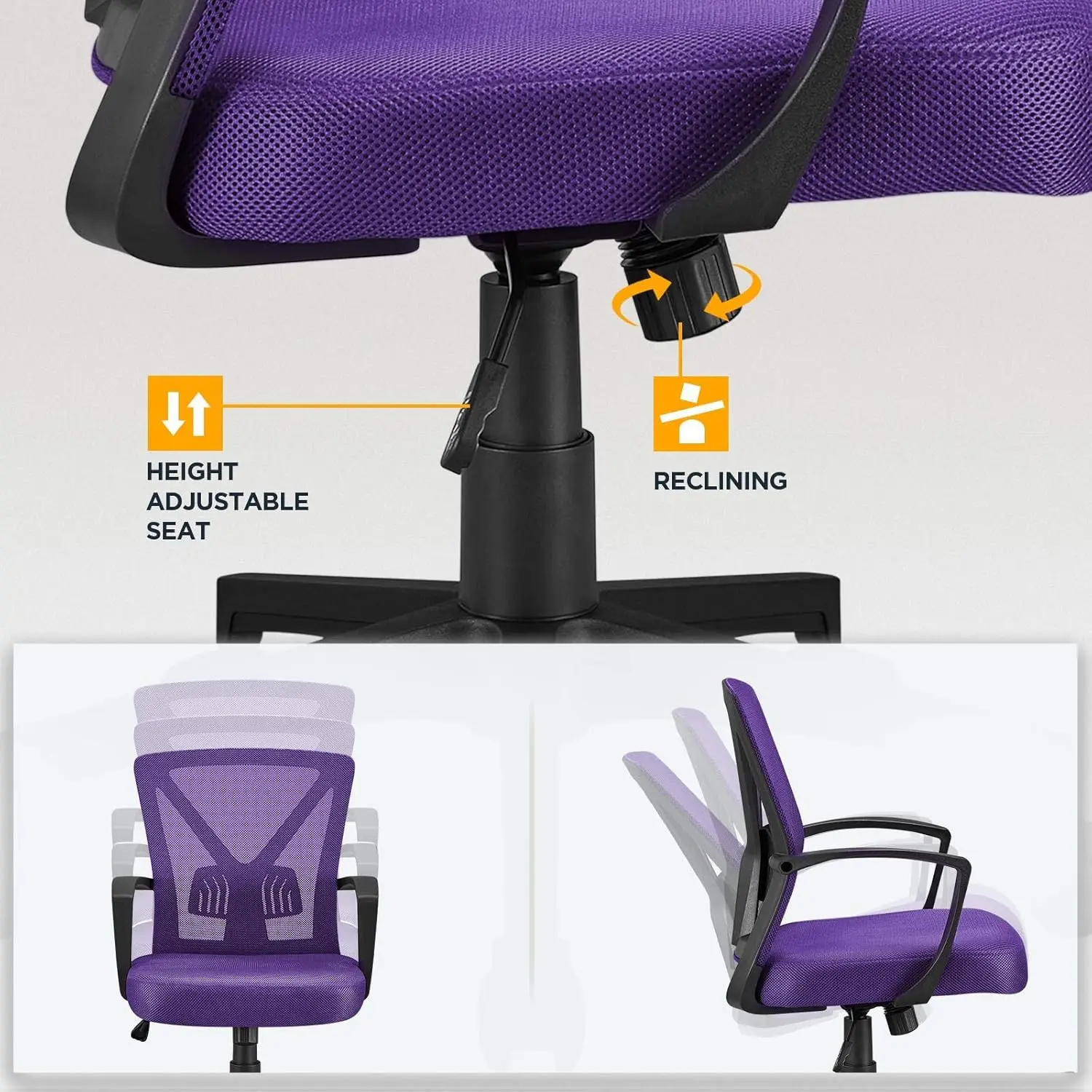 Ergonomic Mesh Office Chair with Adjustable Lumbar Support, Mid Back Swivel Task Chair in Purple