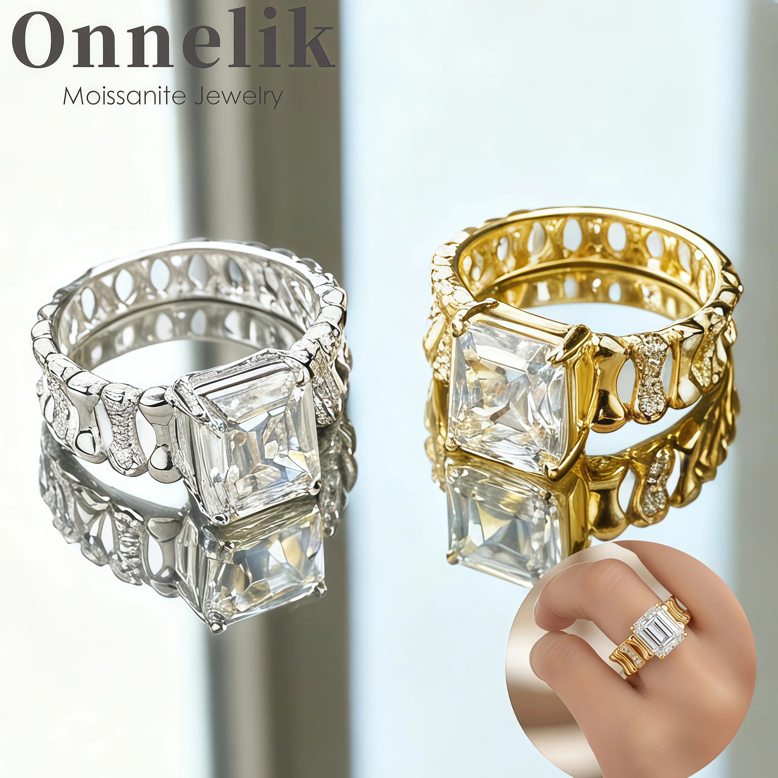 

Onnelik S925 Sterling Silver 18K Gold Plated 4CT Moissanite Ring Light Luxury Wedding Band Unique Design Engagement Jewelry