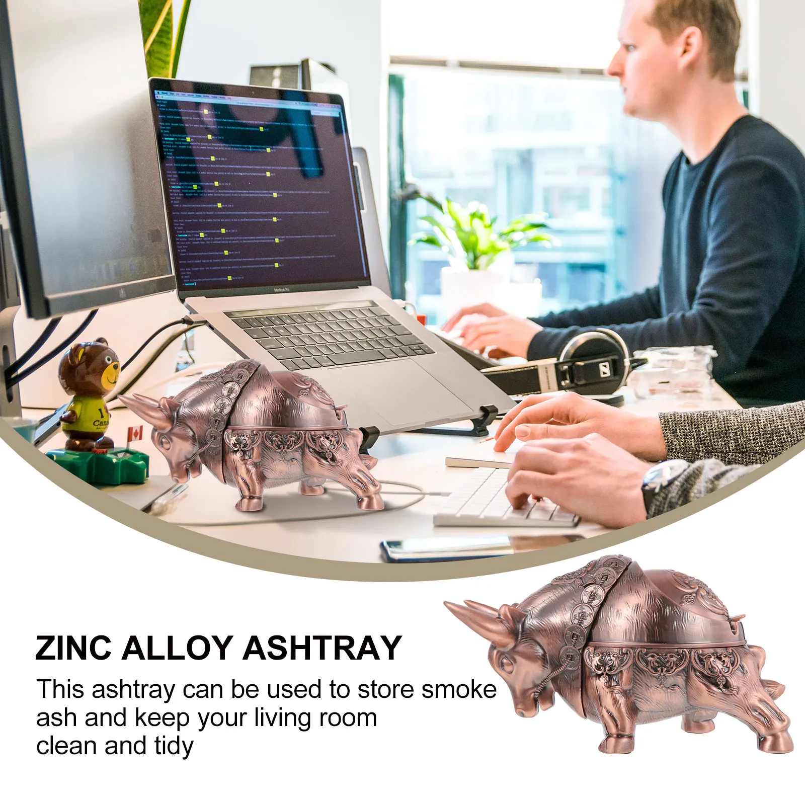 

1pc Windproof Zinc Alloy Ashtray Creative Desktop Decoration Smoke Ash Container Cigarette Butt Holder Office Home Use Cow