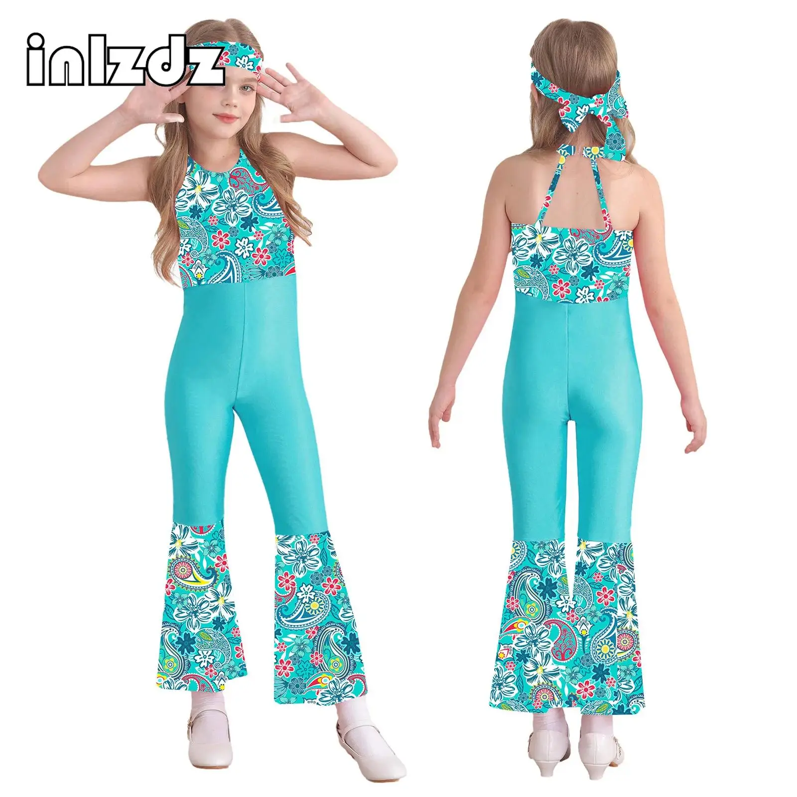 

Girls Printed Disco Costume 70s 80s Hippie Jumpsuit Disco Darling Diva Dancing Performance Flare Pant Full Bodysuit Retro Outfit