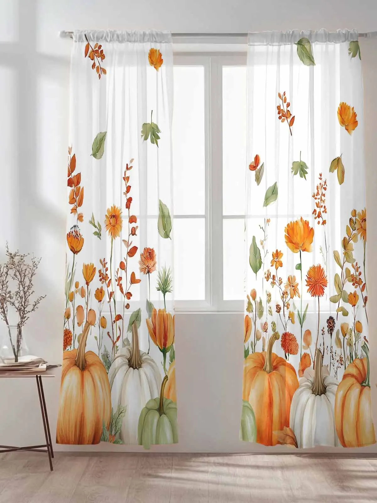 

Autumn Orange Pumpkin Wildflowers Tulle Sheer Curtains for Living Room Bedroom Kitchen Decoration Voile Organza Curtains