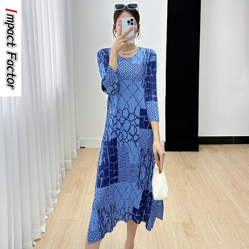 Miyake Dress Women's 2024 Spring and Autumn New Style Temperament Creative Printing High End Pleated Slim Fit Mid Length Dress