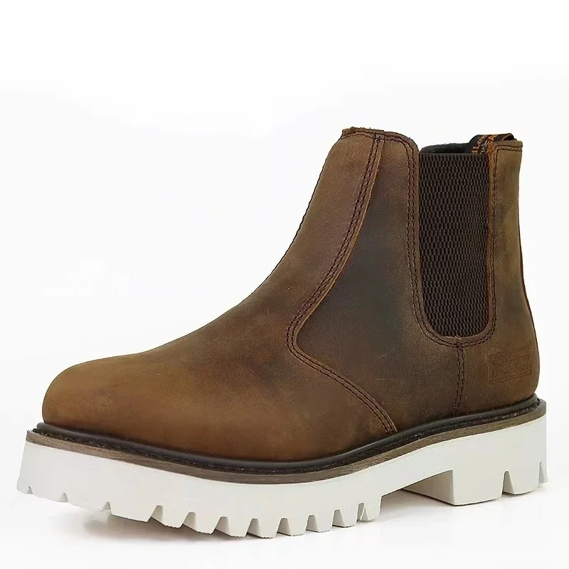 PF Herren-Motorradstiefel aus echtem Leder, rahmengenähte Goodyear-Welted-Arbeitsstiefel, lässige runde Zehen-Gelb-Cowboystiefel für Damen in der Mitte der Wade