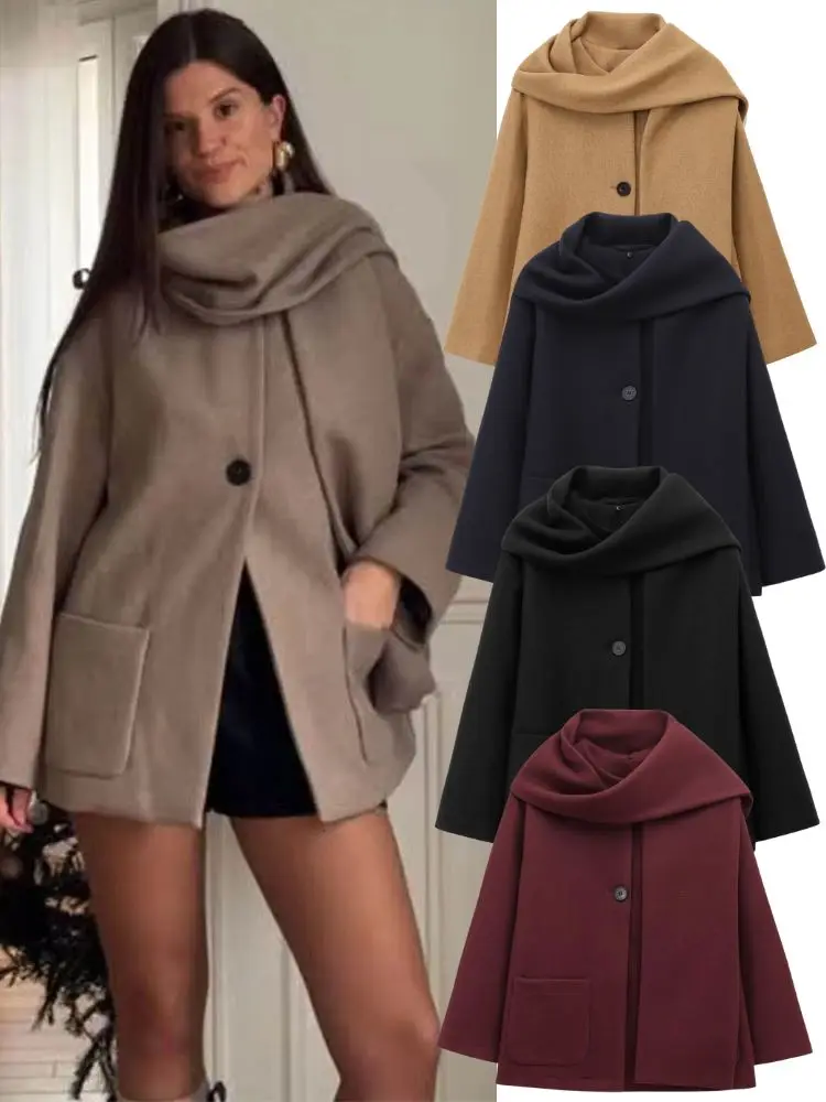 

HH осень-зима повседневное пригородное пальто с шарфом и воротником для женщин асимметричная теплая смешанная свободная асимметричная шикарная куртка с длинными рукавами