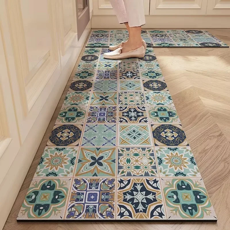 Carpet for Kitchen Set Non-slip Oil-proof Floor Mat Pvc Leather Waterproof Foot Mats American Vintage Decoration Long Strip Rug - view 2