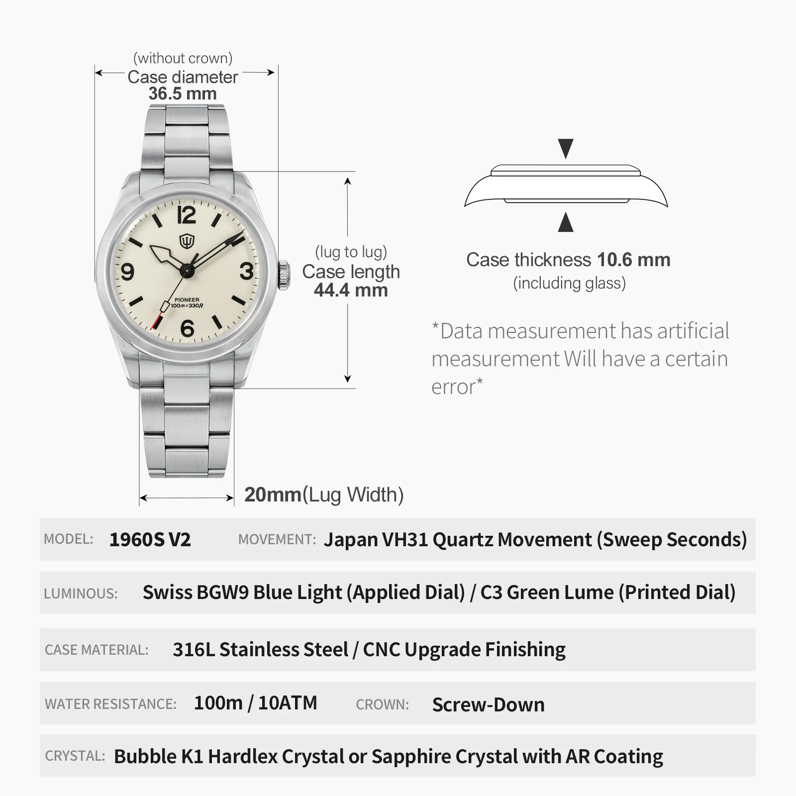 Watchdives WD1960S V2 Vintage Cream 36Mm Quartz Watch Man VH31 Sweep Bubble Sapphire 10ATM Luminous Stainless Steel Wrist Watch