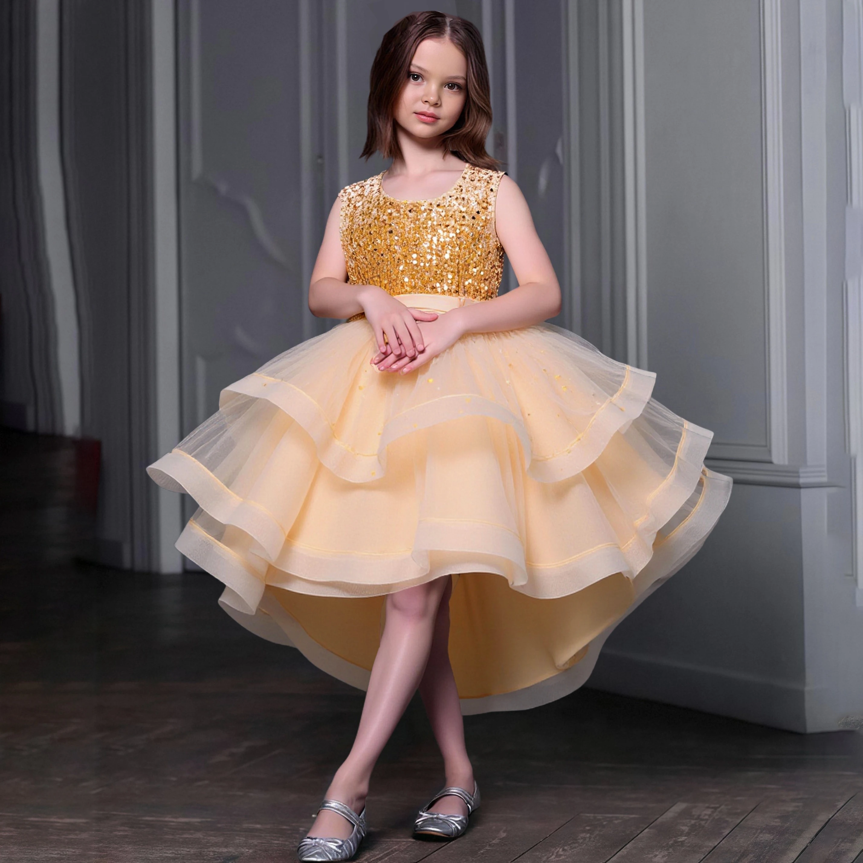 

Trailing Sequins Party Girls Dress Vestido Elegant Tulle Wedding Bridesmaid Birthday Prom Princess Dresses Bow Christmas Costume