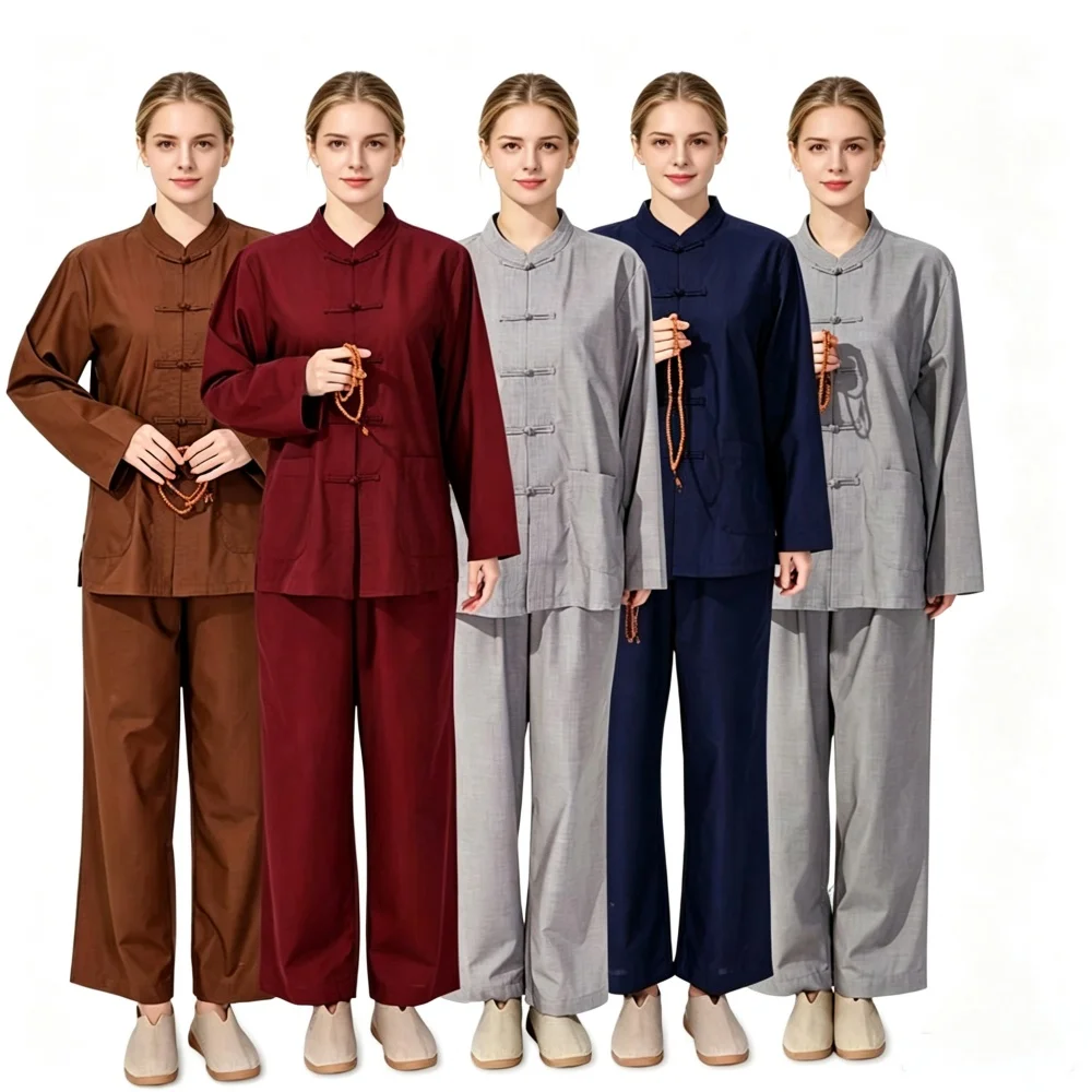 Women Cotton Meditation Uniform Chinese Tang Suit Stand Collar Frog Button Buddhist Lay Robe Zen Prayer Loose Pants Set