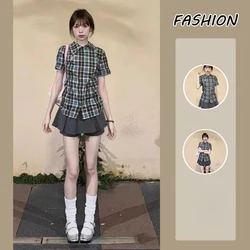 Summer Woman Vintage 2 Piece Set Preppy Style Plaid Shirts Short Sleeve Crop Tops + Slim Y2k Mini Skirt Aesthetic Korean Suit