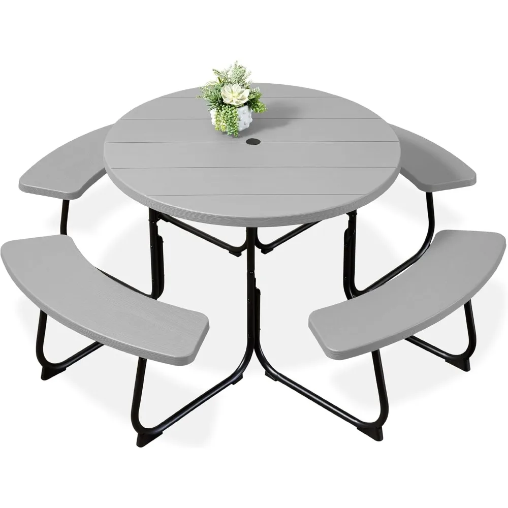 

Circular Outdoor Picnic Table with 4 Built-In Benches, Umbrella Hole, and 8-Person Seating Capacity, Supporting Up to 2000lbs