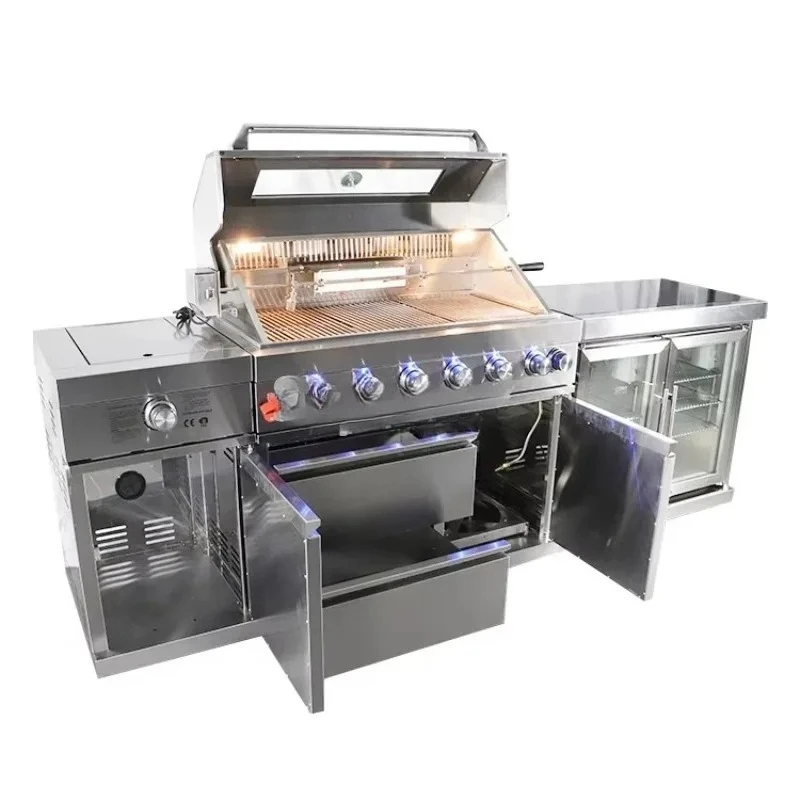 European Modern Outdoor Stainless Steel Island Kitchen Cabinet Custom Gas BBQ Grill Waterproof AntiRust Garden Patio  Luxury Use