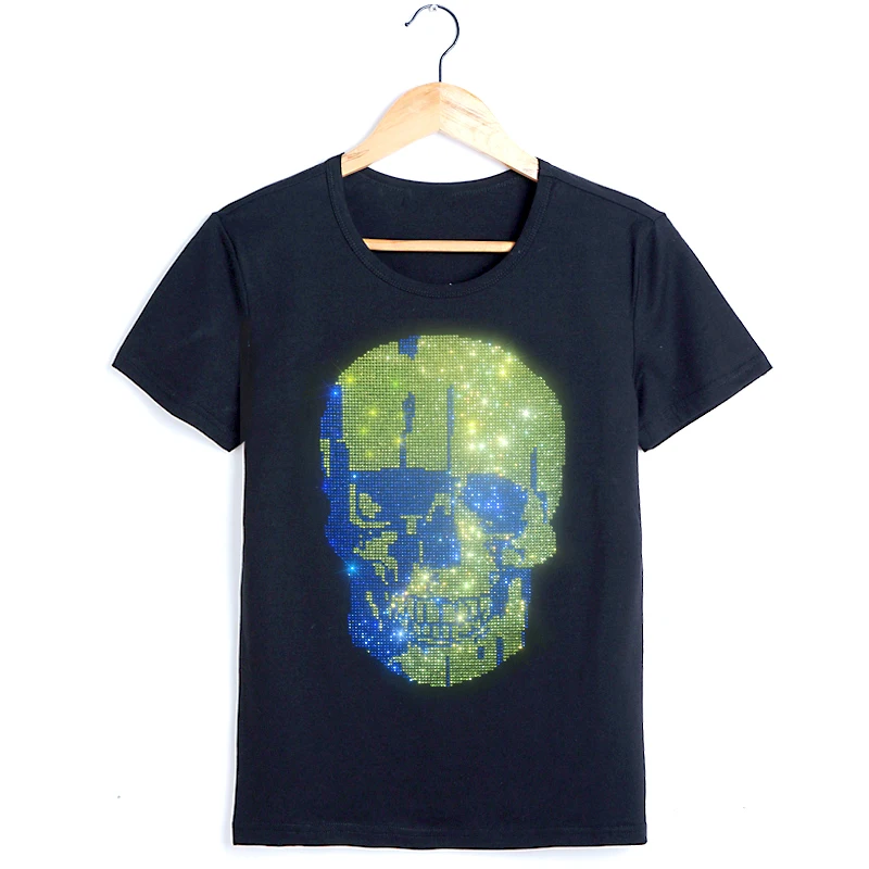 Green Blue Skull Hot Diamond Sequin Iron on Applique Patches Hot Fix Rhinestone Transfer Motifs Transfer on DIY Shirt Dress.