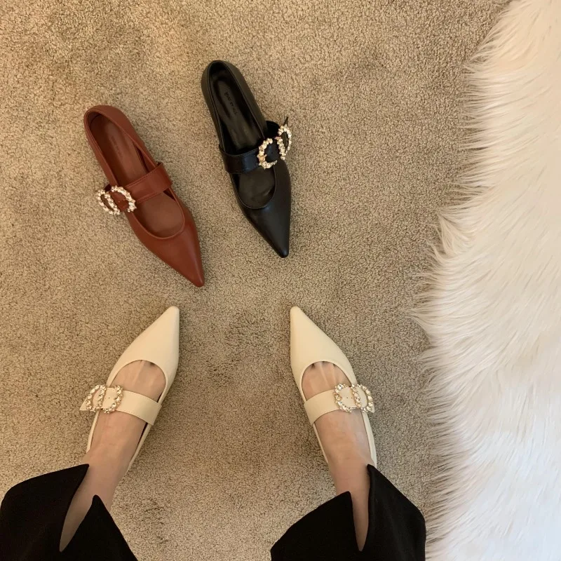 

New Style Popular French Square Head Shallow Mouth Single Shoes Fashion Rhinestone Low Heel Mary Jane Shoes Women Zapatos Mujer