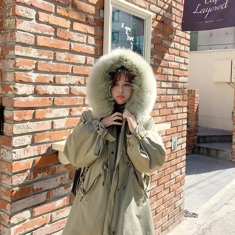 

Женская пуховая куртка с капюшоном, зима 20225, новый стиль, утепленная теплая хлопковая куртка среднего и длинного размера с меховым воротником