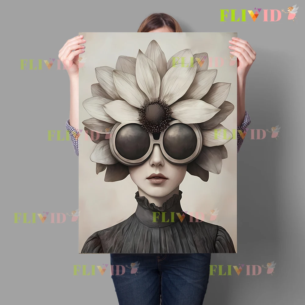 Flower Head And Goggle Aesthetic Wall Art Canvas Painting Home Decor,Surreal Floral Woman Portrait Art Poster Print