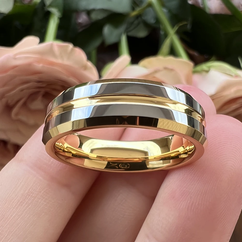 6 mm 8 mm Wolfram-Ring für Damen und Herren, Verlobung, edler Schmuck, Ehering in der Mitte, gerillt, abgeschrägte Kanten, poliert, glänzend, bequeme Passform – Detail 6