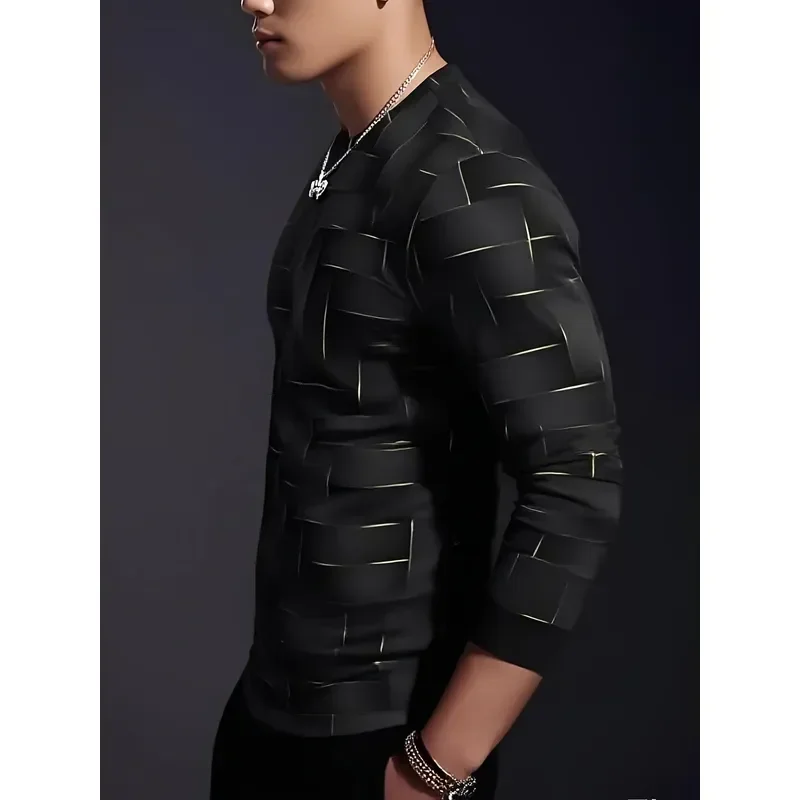 Camiseta de manga larga casual para hombre, estampada en 3D, 2026, negra, con patrón geométrico de cuadrícula, transpirable, top deportivo para gimnasio, senderismo, ajuste cómodo
