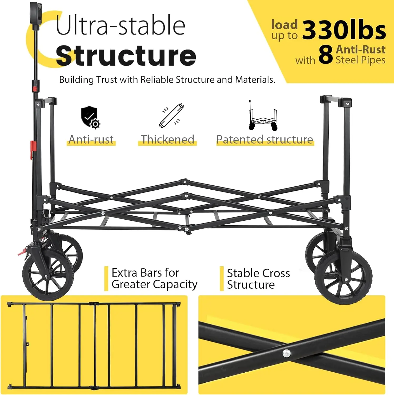 Collapsible Foldable Wagon with 330lbs Weight Capacity, Heavy Duty Folding Utility Garden Cart with Big All-Terrain Beach