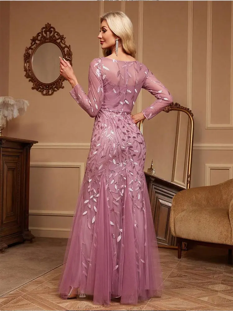 Long-sleeved V-neck leaf vermicelli embroidered sequins wedding bridesmaid shiny floor-length mesh evening dress Prom Gown